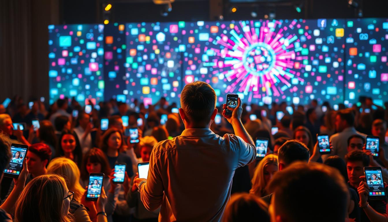 A vibrant scene of influencer marketing unfolding. In the foreground, a social media influencer captivates their audience, gesturing passionately as they showcase a product. The middle ground reveals a kaleidoscope of smartphones and tablets, their screens alive with likes, shares, and comments. In the background, a digital landscape pulsates with trending hashtags, viral content, and algorithmic amplification. Warm lighting casts a glow over the entire composition, evoking a sense of connection, authenticity, and the power of leveraging influencers to reach and engage with a target audience.