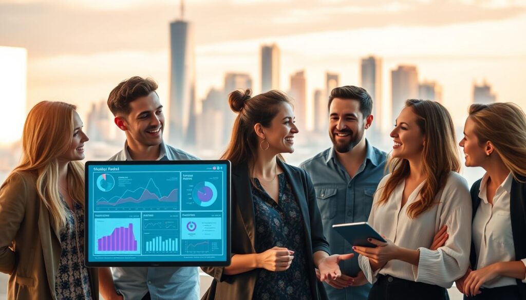 A group of business professionals gathered around a computer screen, discussing ideas and collaborating on a project.