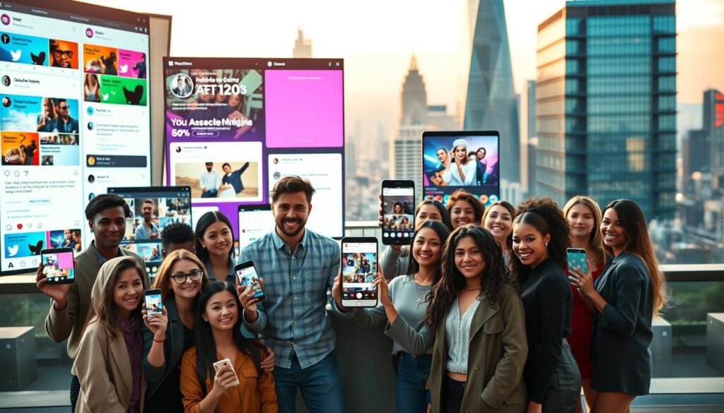 A diverse group of smiling people holds smartphones with social media apps on a rooftop. Large digital screens in the background display social media feeds. The mood is cheerful and connected, set against an urban skyline.