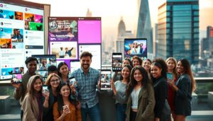 A diverse group of smiling people holds smartphones with social media apps on a rooftop. Large digital screens in the background display social media feeds. The mood is cheerful and connected, set against an urban skyline.