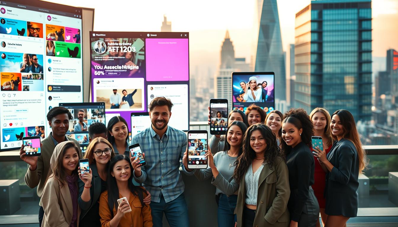 A diverse group of smiling people holds smartphones with social media apps on a rooftop. Large digital screens in the background display social media feeds. The mood is cheerful and connected, set against an urban skyline.