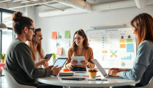 A group of four young professionals collaborate with tablets and laptops around a table in a bright office. A marketing chart is displayed behind them.