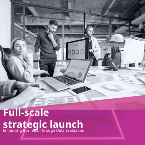 Strategic launch plan overview with key objectives and timelines displayed on a digital presentation screen.