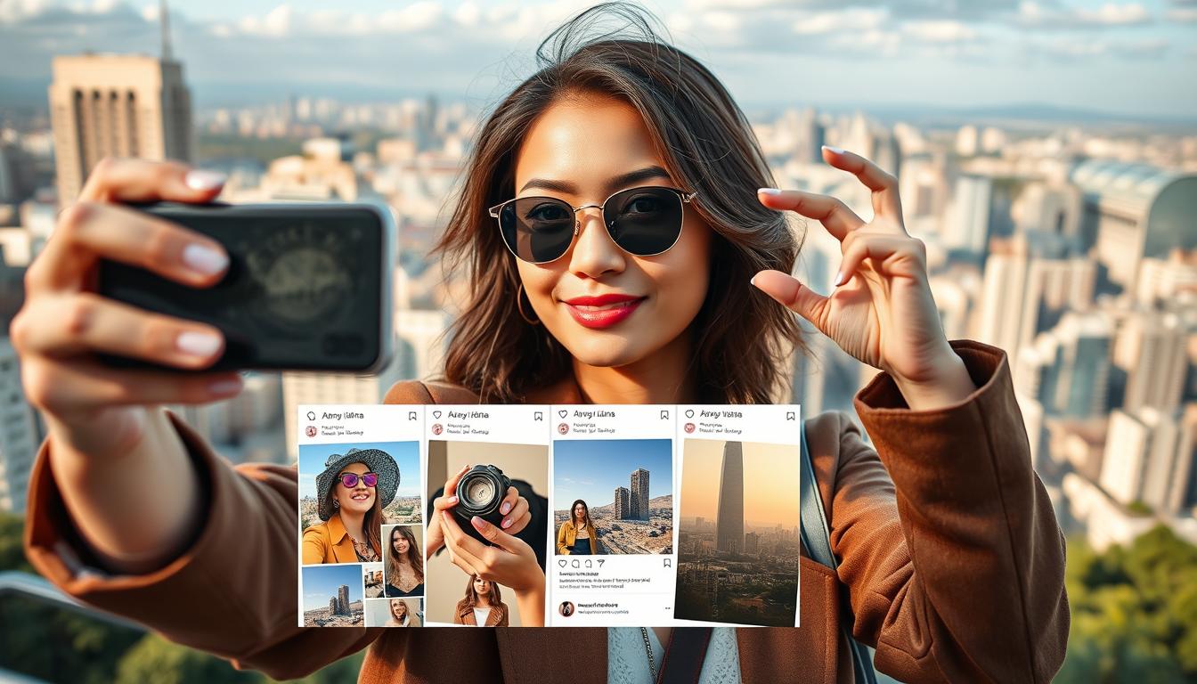 A beautifully composed scene showcasing the power of influencer marketing on Instagram. In the foreground, a fashionable social media influencer poses gracefully, smartphone in hand, capturing the perfect selfie. Soft, natural lighting illuminates their face, accentuating their features. The middle ground features a collage of Instagram posts, seamlessly integrated into the scene, displaying the influencer's curated content and growing follower count. In the background, a vibrant, visually striking cityscape serves as the backdrop, suggesting the widespread reach and impact of the influencer's online presence. The overall atmosphere exudes a sense of aspirational elegance, capturing the allure and effectiveness of influencer marketing on the Instagram platform.