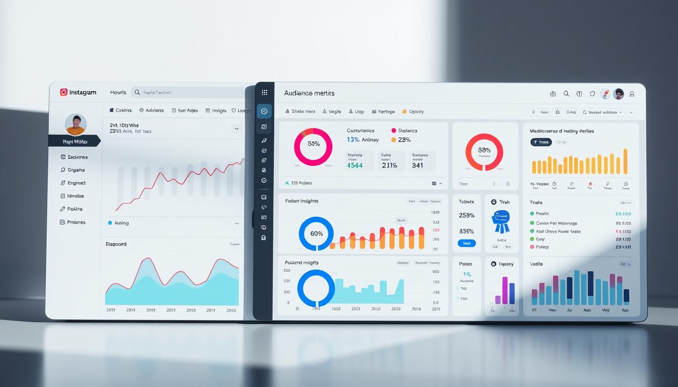 A sleek, high-tech interface displaying the key metrics of an Instagram business profile. The foreground features a modern, minimalist dashboard with clean lines and a slate-gray color scheme. Vibrant data visualizations, such as line graphs, pie charts, and infographics, provide an at-a-glance overview of the profile's reach, engagement, and audience insights. The middle ground showcases a side panel with toggles and filters, allowing the user to customize the data displayed. The background has a subtle gradient, complementing the overall aesthetic and creating a sense of depth. Soft, directional lighting casts strategic shadows, enhancing the depth and dimension of the digital interface. The scene conveys a professional, data-driven approach to Instagram marketing, reflecting the article's focus on the platform's key features for businesses.