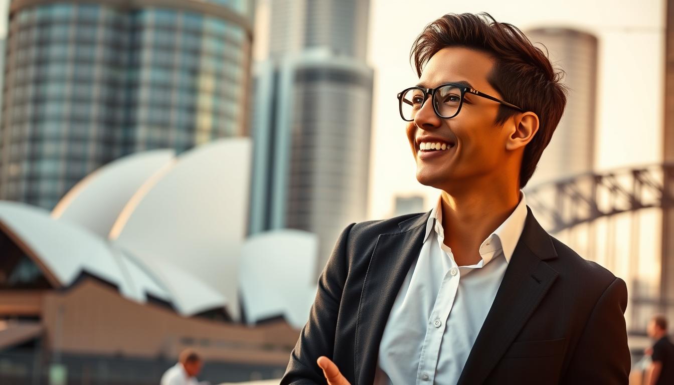 A well-dressed, confident individual representing the Australian brand landscape, standing in a dynamic urban setting with iconic landmarks like the Sydney Opera House or the Harbour Bridge in the background. The brand ambassador is engaged in lively conversation, exuding an air of professionalism and charisma. The lighting is warm and natural, complementing the ambassador's approachable demeanor. The composition showcases the ambassador's role as a conduit between the brand and the local community, capturing the vibrant, cosmopolitan spirit of Australia's brand ambassador ecosystem.