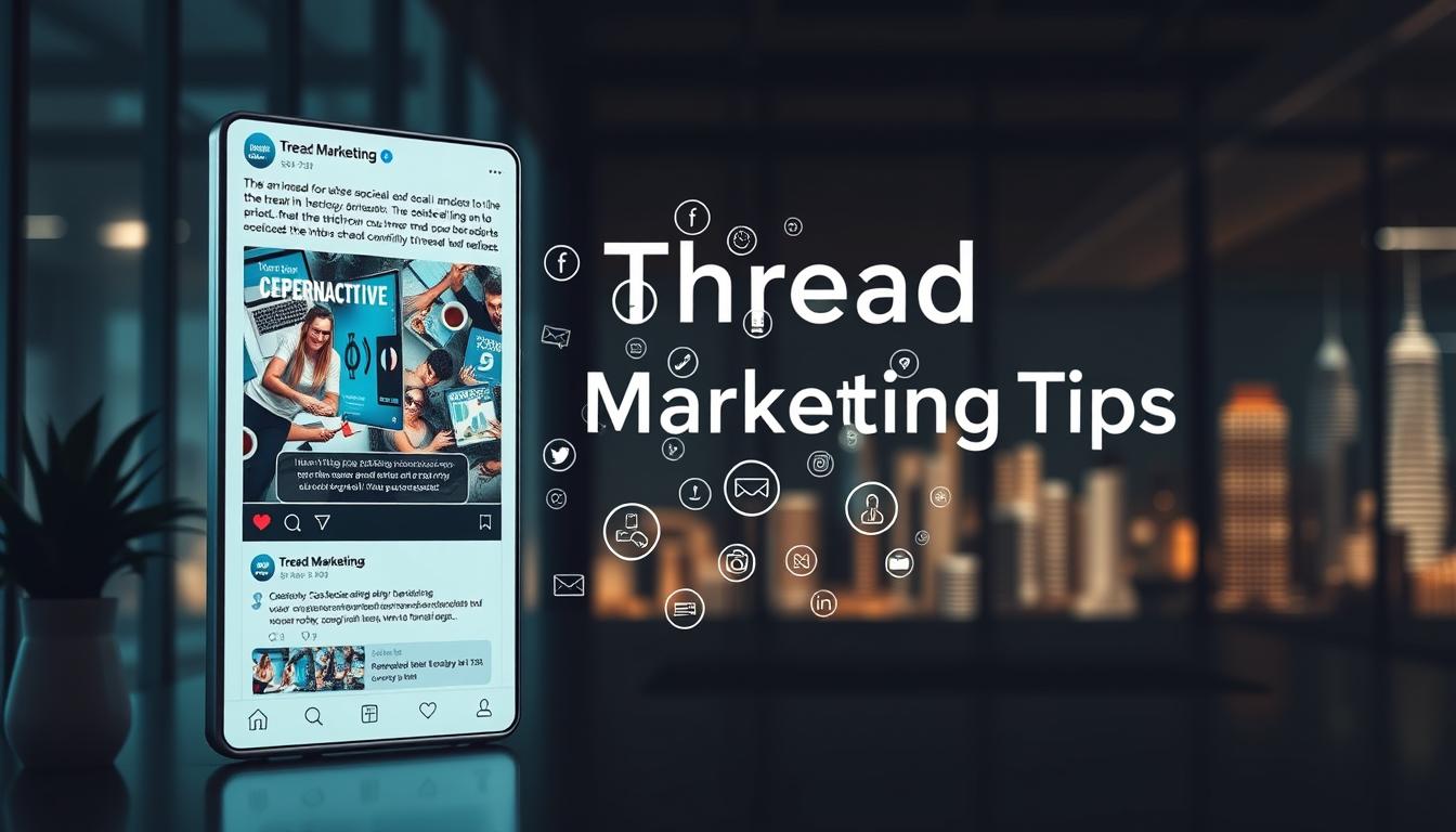 A professional, sleek, and modern-looking image of "thread marketing tips" that illustrates the game-changing potential of this social media strategy. The foreground features a stylized social media post or thread, showcasing key elements like engaging visuals, informative bullet points, and a compelling call-to-action. In the middle ground, an array of social media icons and data visualizations suggest the widespread impact and reach of effective thread marketing. The background depicts a stylized, minimalist cityscape or workspace, conveying a sense of productivity, innovation, and digital-age success. The overall mood is one of authority, dynamism, and forward-thinking, reflecting the transformative nature of thread marketing for social media growth. Lighting is soft, directional, and highlights the key elements. The camera angle is slightly elevated, creating a sense of aspiration and elevated perspective.