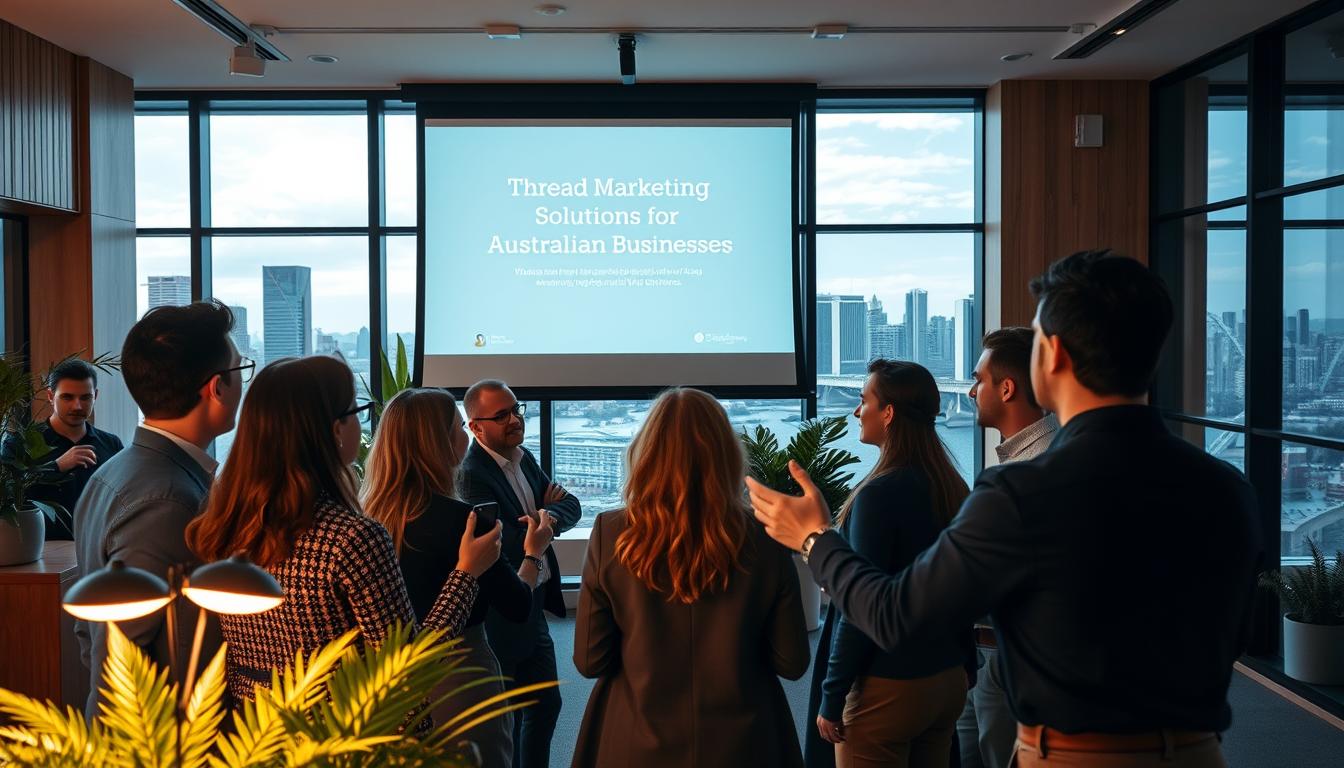 A contemporary office setting with a wall-mounted projection screen displaying a presentation on "Thread Marketing Solutions for Australian Businesses". In the foreground, a group of executives are engaged in a lively discussion, gesturing towards the screen. Warm, directional lighting illuminates their faces, creating a sense of focus and collaboration. The middle ground features a minimalist, Scandinavian-inspired interior design with natural wood accents and potted plants, conveying a modern, professional atmosphere. The background showcases a panoramic view of the Sydney skyline through large windows, hinting at the global reach and ambition of the thread marketing strategies being discussed.