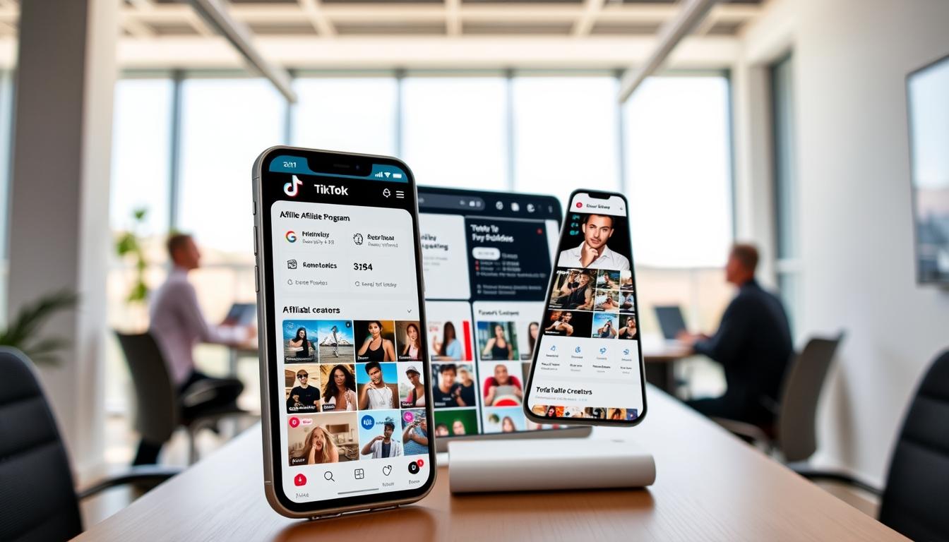 A vibrant and dynamic TikTok feed, with a central focus on a mobile device showcasing various monetization features. In the foreground, the screen displays a well-designed TikTok affiliate program dashboard, highlighting key metrics, earnings, and tools for successful creators. The middle ground features a collage of popular TikTok video thumbnails, representing the diverse content that can be leveraged for affiliate marketing. The background showcases a modern, minimalist office setting, with clean lines, natural lighting, and a subtle hint of the Australian landscape visible through a window. The overall atmosphere conveys a sense of professionalism, innovation, and the vast potential for TikTok affiliate marketing success in Australia.