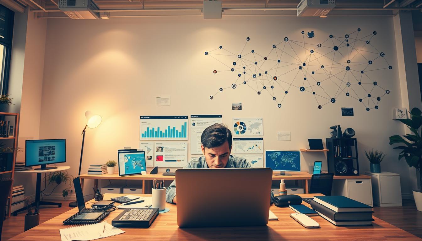 A dynamic and visually captivating image of "thread marketing services" for a social media growth article. Set in a stylish and modern office environment, the foreground depicts a person intently working on a laptop, surrounded by a well-organized array of office supplies and technology. The middle ground showcases various social media platforms and analytics dashboards, highlighting the data-driven nature of thread marketing. The background features a large, minimalist wall display depicting interconnected threads and data visualizations, symbolizing the interconnected nature of social media content formats. The lighting is soft and directional, creating a warm and professional atmosphere. The image is captured using a wide-angle lens to emphasize the spaciousness of the setting, and the overall composition is balanced and visually compelling.