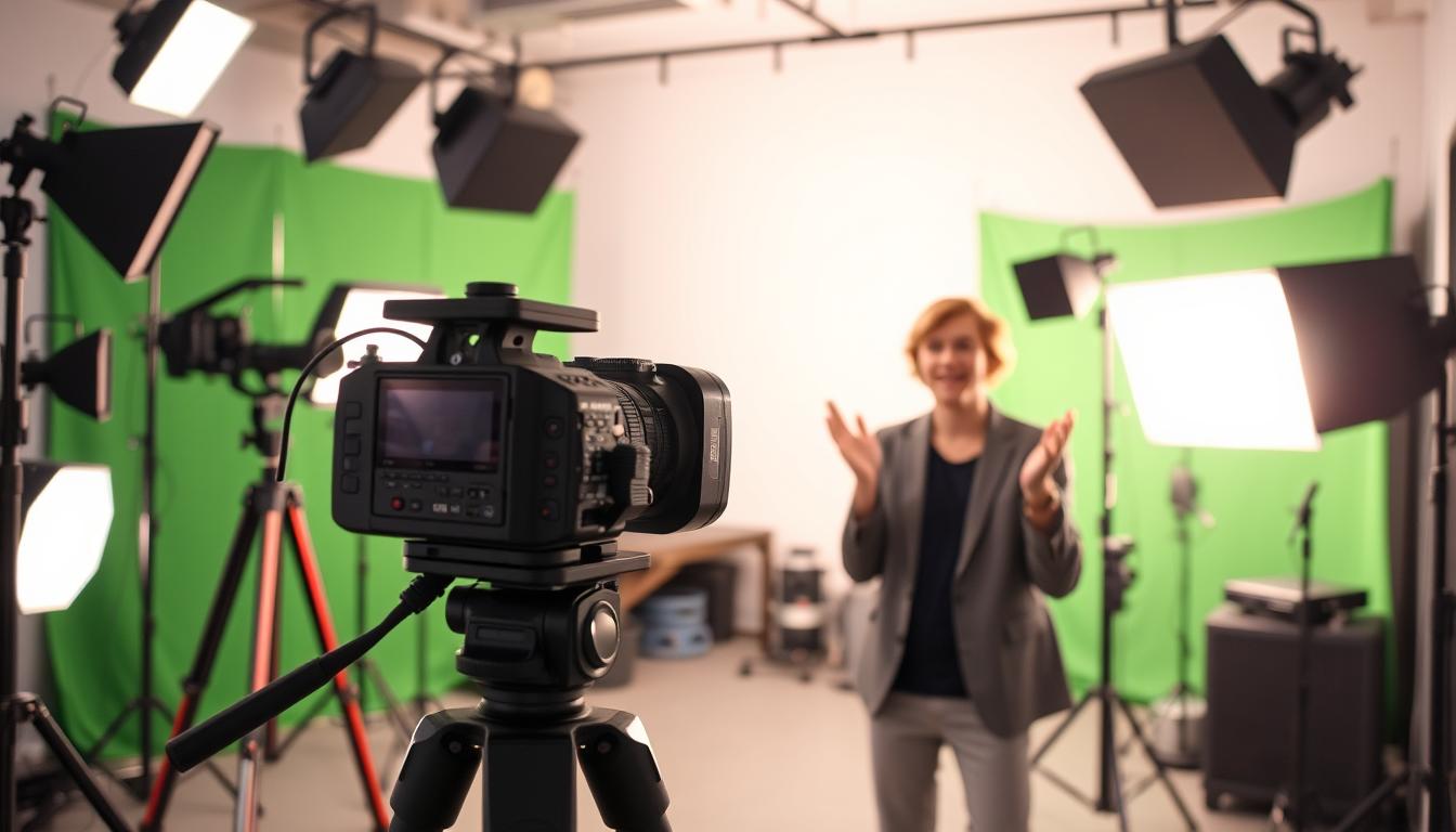 A well-lit studio setting featuring a video camera on a tripod, positioned in the foreground. In the middle ground, a professional-looking YouTuber or influencer engages with the camera, gesturing animatedly while discussing video content. The background showcases various video production equipment, including lighting rigs, microphones, and a green screen backdrop, suggesting a content creation environment. The overall mood is one of professionalism, creativity, and the dynamic nature of video-based marketing.