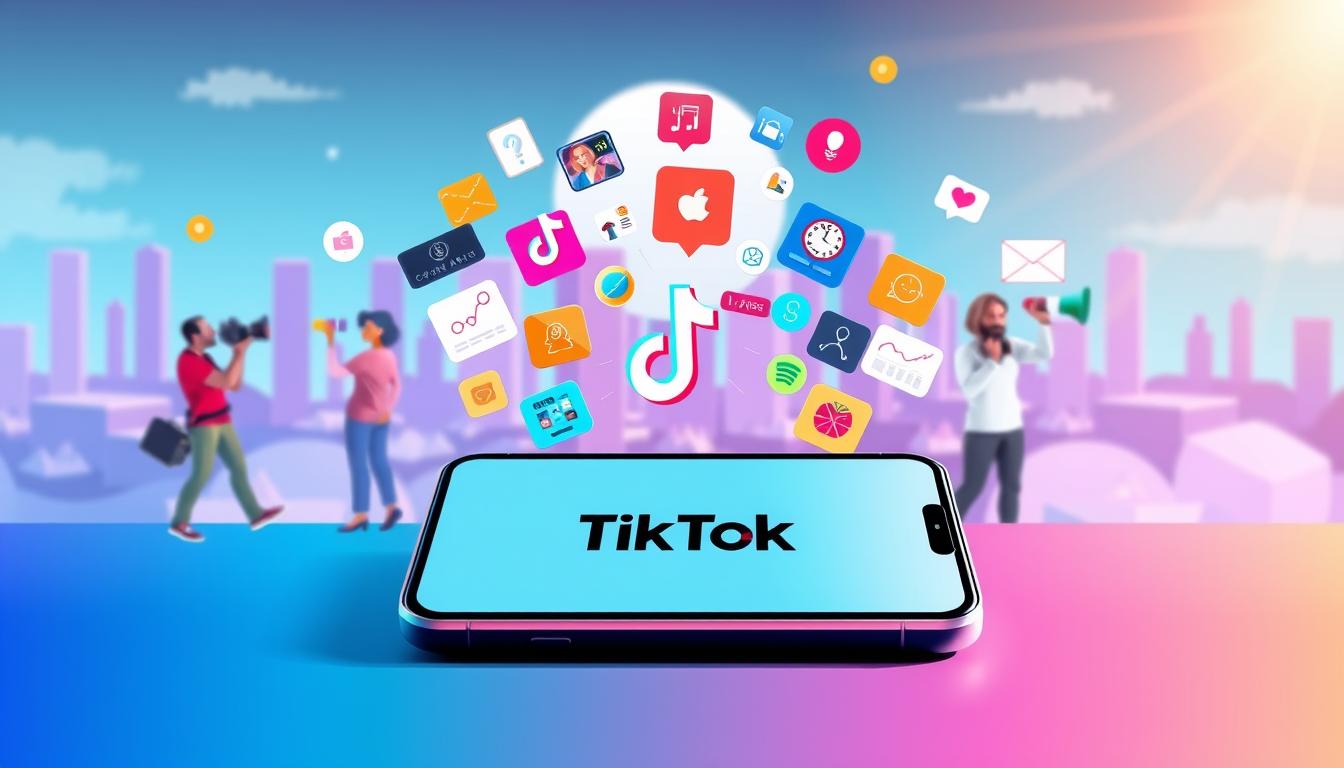 A vibrant, dynamic TikTok Affiliate Program illustration. In the foreground, a sleek smartphone displays the TikTok logo, surrounded by colorful icons and graphics representing various affiliate features and tools. The middle ground depicts content creators actively engaging with the platform, filming videos, tracking analytics, and managing their affiliate campaigns. In the background, a stylized cityscape or tech-inspired landscape sets the scene, conveying the modern, digital ecosystem of TikTok's affiliate ecosystem. Lighting is bright and upbeat, with a sense of energy and possibility. The overall composition and color palette evoke the excitement and opportunities of the TikTok Affiliate Program.