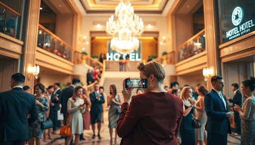 a woman holding a phone in a hotel