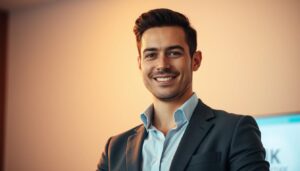 a man smiling in a formal attire