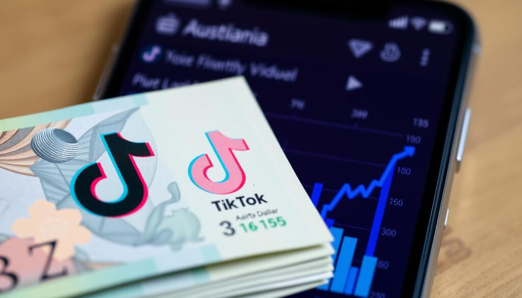 A close-up shot of an Australian Dollar bill with a TikTok logo embedded in the design, set against a blurred background of a smartphone screen displaying a TikTok analytics dashboard. The image should convey the idea of financial rewards and compensation for TikTok creators in Australia, with a clean, professional aesthetic and a sense of legitimacy and authority.