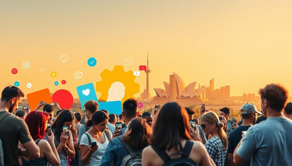 A vibrant, energetic landscape showcasing the power of user-generated content (UGC) in Australia's modern marketing landscape. In the foreground, a diverse group of people interacting with their smartphones, capturing and sharing engaging content. The middle ground features bold, colorful graphics and social media icons, highlighting the digital sharing and amplification of this UGC. In the background, a skyline of iconic Australian landmarks, bathed in warm, golden light, symbolizing the broad reach and impact of UGC-driven campaigns. The scene conveys a sense of community, creativity, and the seamless integration of user-generated content into the marketing strategies of Australian businesses.