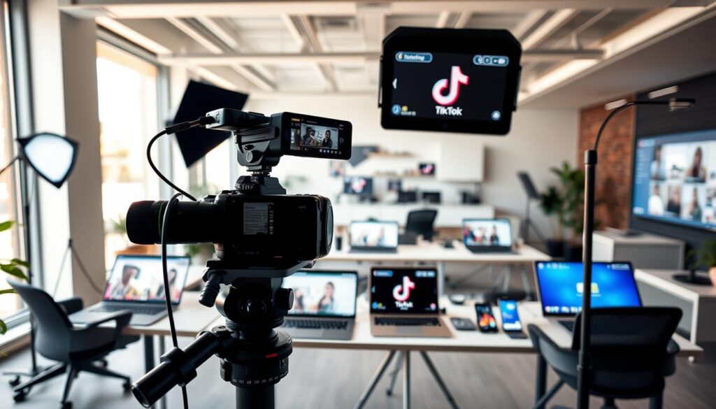 A modern, sleek workspace featuring an array of Australian-made digital marketing tools. In the foreground, a high-quality camera, microphone, and lighting equipment set up for content creation. In the middle ground, various laptops, tablets, and smartphones displaying user-generated content platforms like Instagram, TikTok, and Facebook. In the background, a minimalist office design with clean lines, muted colors, and large windows allowing natural light to flood the space. The overall mood is professional, productive, and optimized for seamless UGC workflows. Captured through a wide-angle lens with warm, balanced lighting to showcase the tools and technologies powering effective modern marketing campaigns in Australia.