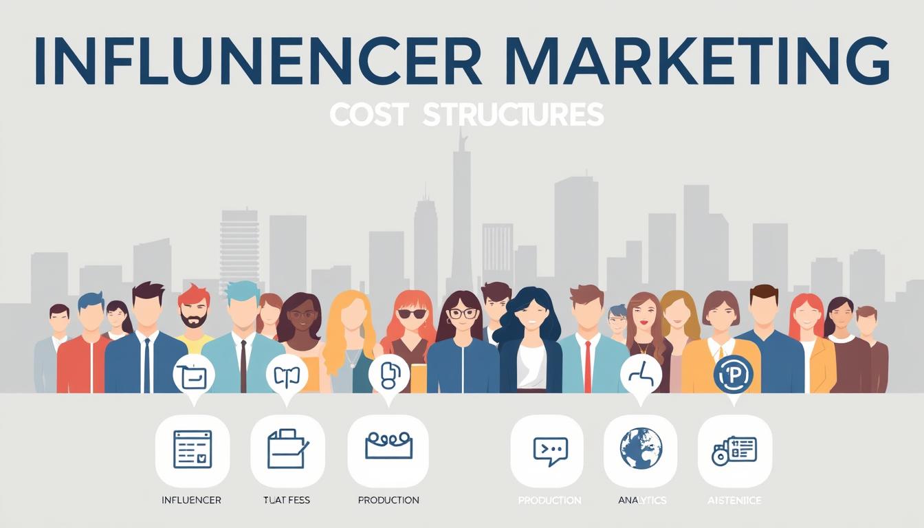 A detailed cost breakdown of influencer marketing in Australia, captured in a professional, minimalist style. In the foreground, various cost components such as influencer fees, production, and analytics are displayed as clean, infographic-style icons. The middle ground showcases an array of diverse influencers, each representing a different social media platform and audience. The background features a muted, geometric cityscape, hinting at the scale and complexity of the Australian market. The overall mood is one of informative clarity, allowing the viewer to grasp the essential elements of influencer marketing cost structure at a glance.