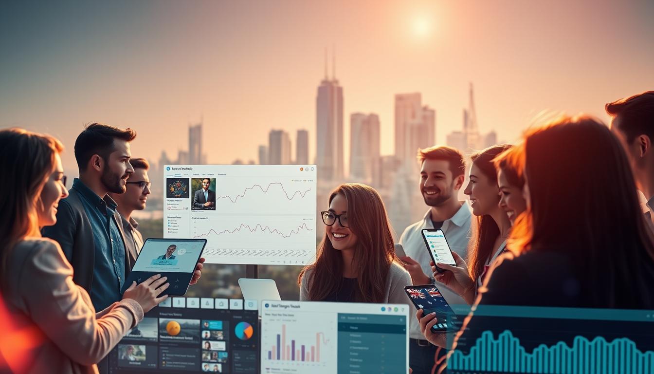 A modern digital landscape showcasing the current state of influencer marketing in Australia. In the foreground, a group of diverse social media influencers engaging with their audience on various platforms, their virtual personas and follower counts prominently displayed. In the middle ground, analytics dashboards and cost-calculating tools, illustrating the data-driven nature of the industry. The background features the iconic landmarks of major Australian cities, representing the nationwide reach and impact of this marketing strategy. Soft, diffused lighting creates a professional, aspirational atmosphere, while a subtle cinematic lens flare adds a touch of dynamism. The overall composition conveys the thriving, tech-savvy nature of influencer marketing in the Australian market.