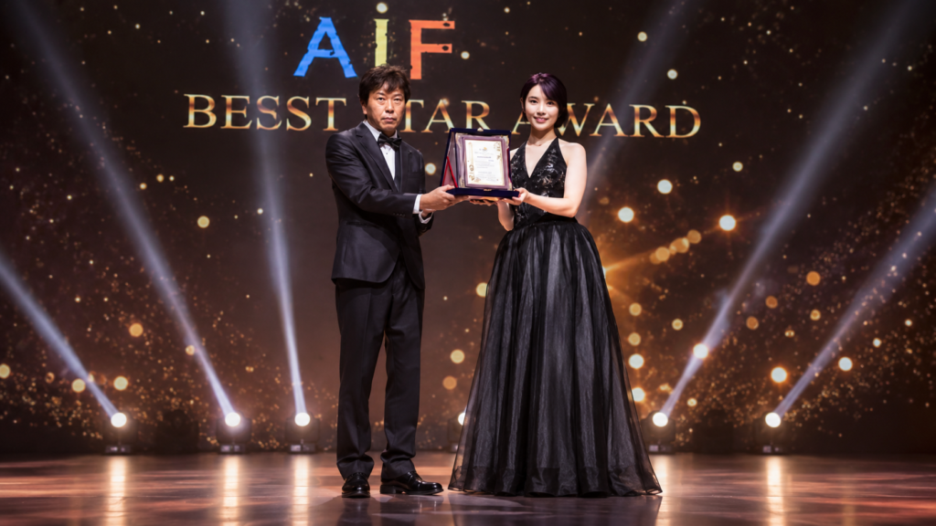 Award presentation at the 2025 Asia Influencer Festival in Seoul, showing an award recipient and presenter holding the event plaque on stage.