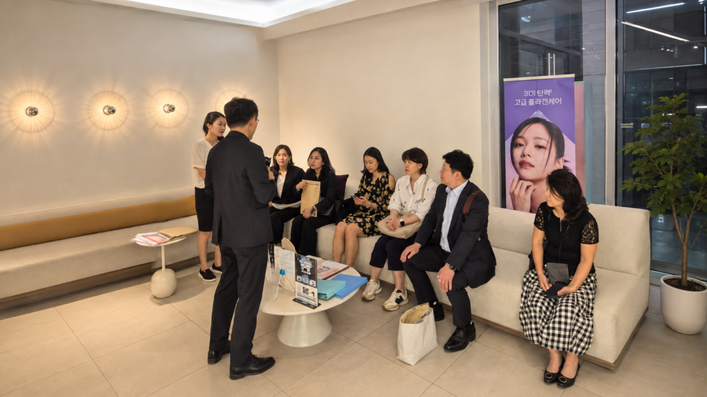 International visitors attending a Korean beauty clinic consultation in Gangseo-gu, Seoul, illustrating K-beauty and wellness experiences for global guests.