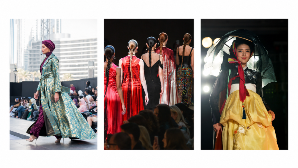Model wearing Korean hanbok on a fashion stage, illustrating cultural fashion presentation and stage confidence.