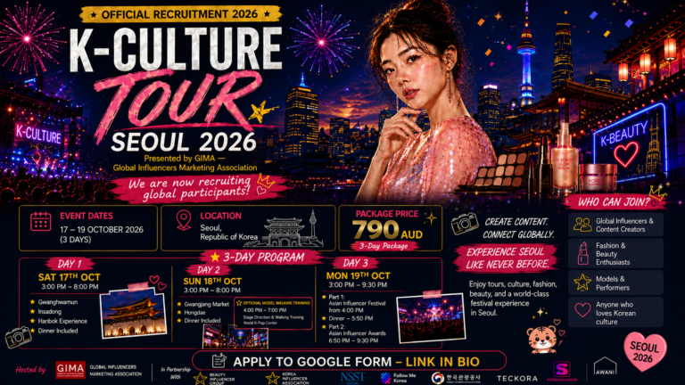 K-Culture Tour Seoul 2026 promotional banner featuring Seoul nightlife, Korean traditional architecture, K-beauty, festival performances, and a female model, with event dates 17–19 October 2026 and a 3-day package price of AUD 790.