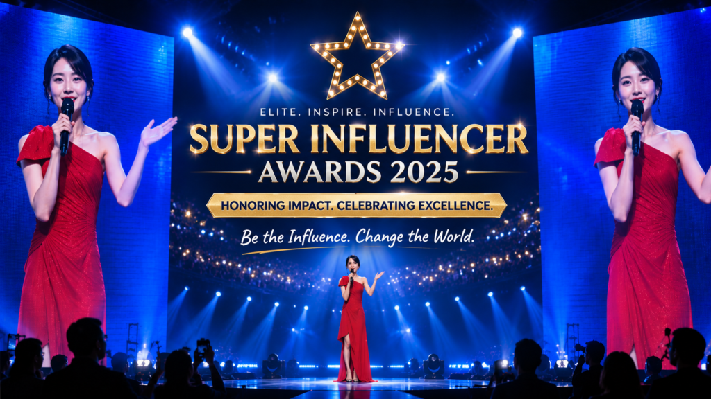 Super Influencer Awards 2025 stage in Seoul with a live presenter, large event screens and blue stage lighting during the previous awards event.